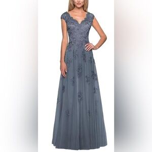 Dusty blue Sheer V-Neckline Embroidered Bodice Dress